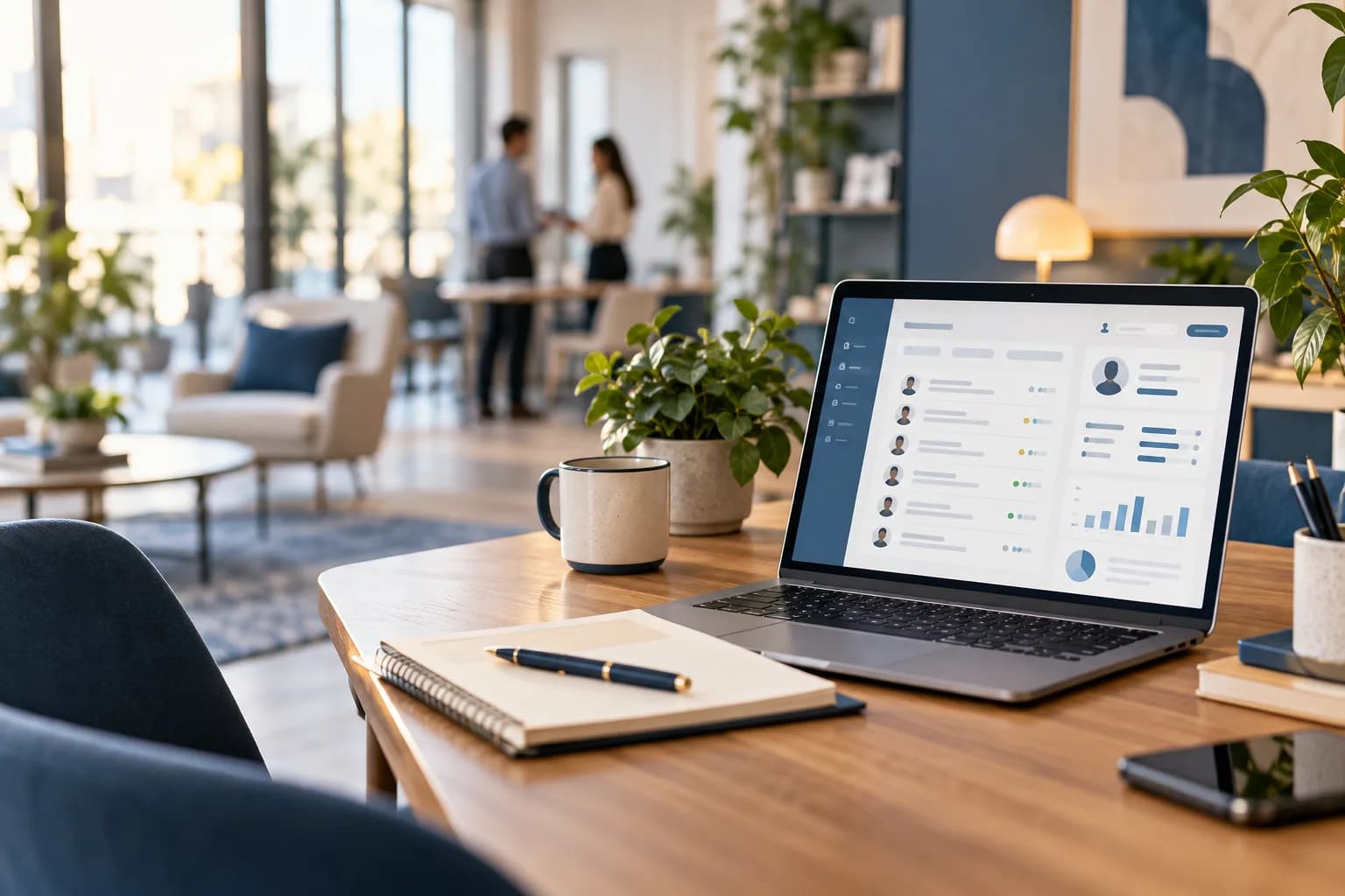Bureau de recrutement avec ordinateur et interface de suivi